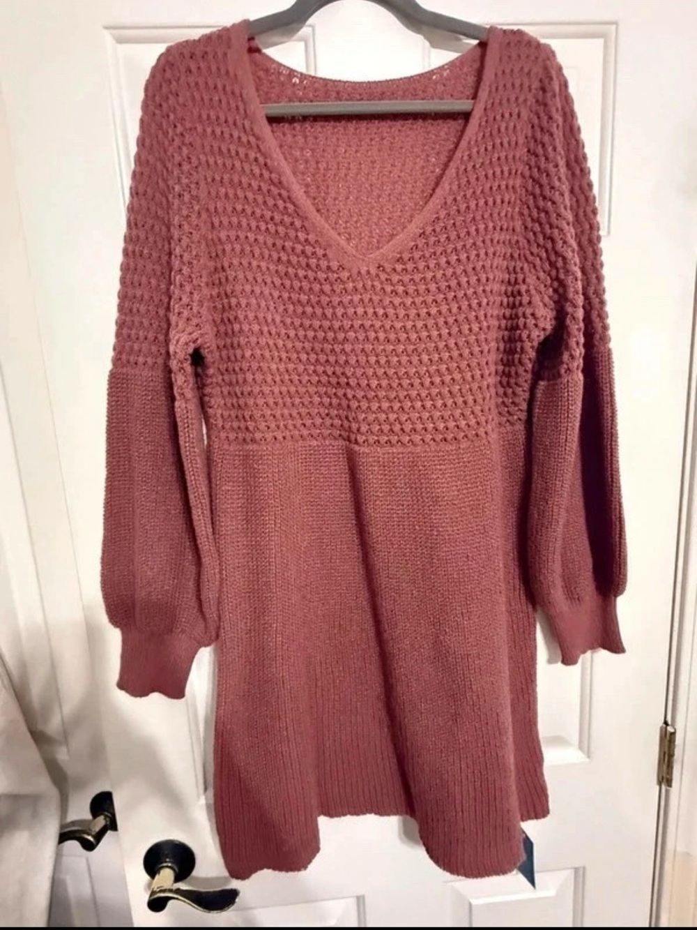 Cupshe Dusty Rose V-Neck Waffle Knit Long Sleeve Dress